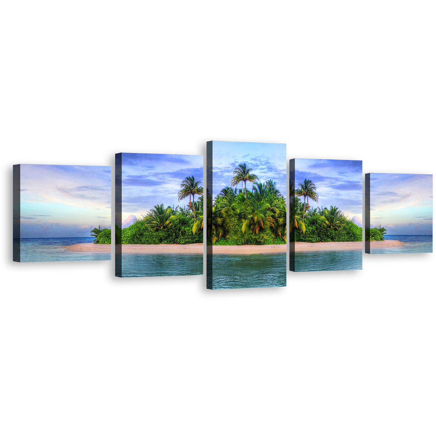 Exotic Ocean Canvas Wall Art, Blue Sky Ocean Beaches 5 Piece Canvas Print, Green Tropical Island Palm Trees Canvas Set