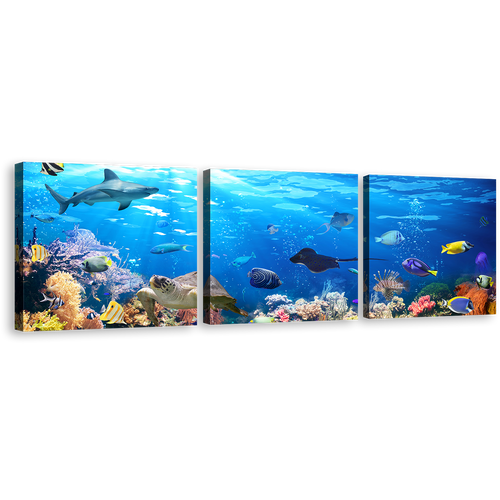 Exotic Underwater Canvas Wall Art, Colorful Coral Reef Triptych Multiple Canvas, Blue Underwater Sun 3 Piece Canvas Print