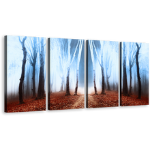 Load image into Gallery viewer, Fairytale Forest Wall Art, White Fog Mystic Scenery Trees Multi Canvas, Brown Magical Forest Autumn 4 Piece Canvas Print
