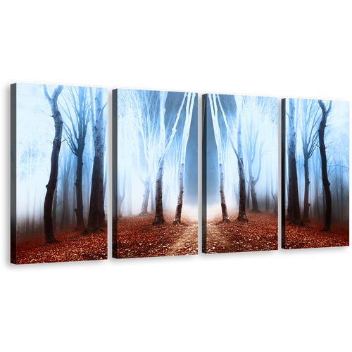 Fairytale Forest Wall Art, White Fog Mystic Scenery Trees Multi Canvas, Brown Magical Forest Autumn 4 Piece Canvas Print