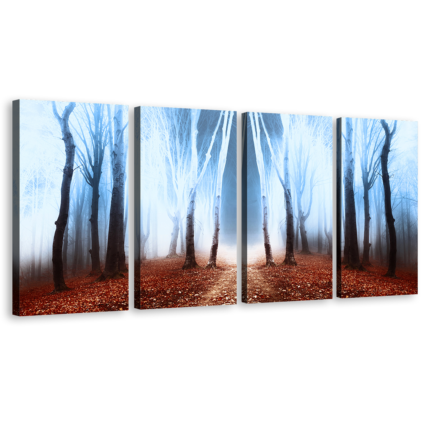 Fairytale Forest Wall Art, White Fog Mystic Scenery Trees Multi Canvas, Brown Magical Forest Autumn 4 Piece Canvas Print