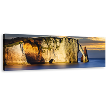 Load image into Gallery viewer, Falaise d&#39;Amont Canvas Wall Art, Blue Etretat Ocean Wide Canvas, Normandy France Yellow Ocean Mountains Canvas Print, Yellow Sunset Cliff Beach Sky 1 Piece Canvas
