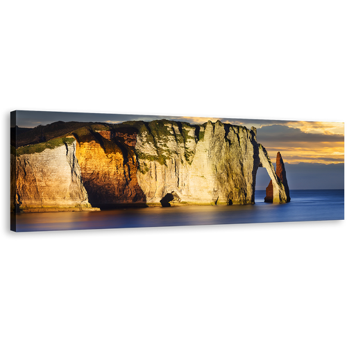 Falaise d'Amont Canvas Wall Art, Blue Etretat Ocean Wide Canvas, Normandy France Yellow Ocean Mountains Canvas Print, Yellow Sunset Cliff Beach Sky 1 Piece Canvas