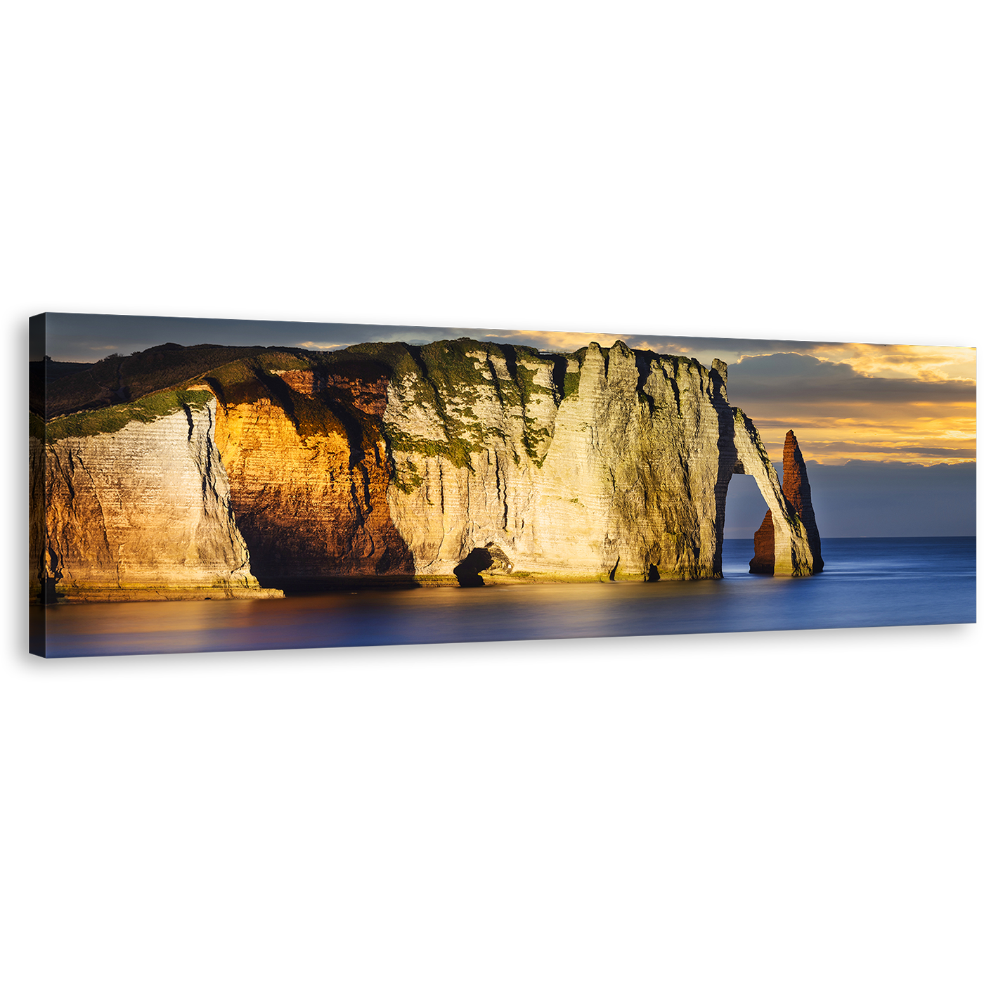 Falaise d'Amont Canvas Wall Art, Blue Etretat Ocean Wide Canvas, Normandy France Yellow Ocean Mountains Canvas Print, Yellow Sunset Cliff Beach Sky 1 Piece Canvas