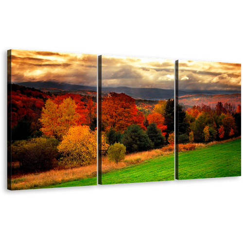 Fall Foliage Wall Art, Red Trees Vermont Scenery Multi Canvas, Yellow Forest Nature Landscape 3 Piece Canvas Print