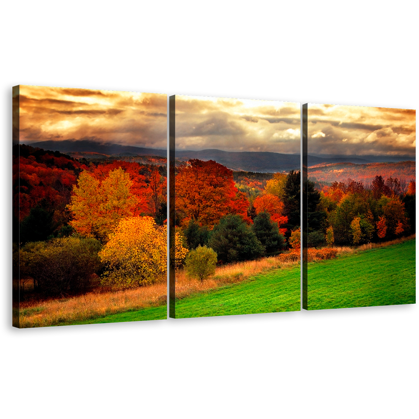 Fall Foliage Wall Art, Red Trees Vermont Scenery Multi Canvas, Yellow Forest Nature Landscape 3 Piece Canvas Print