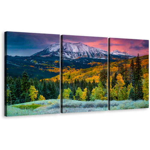 Fall Mountain Canvas Wall Art, Green Autumn Landscape Scenery 3 Piece Canvas Print, White Fall Mountains Canvas Set, Colorado Landscape Triptych Multiple Canvas