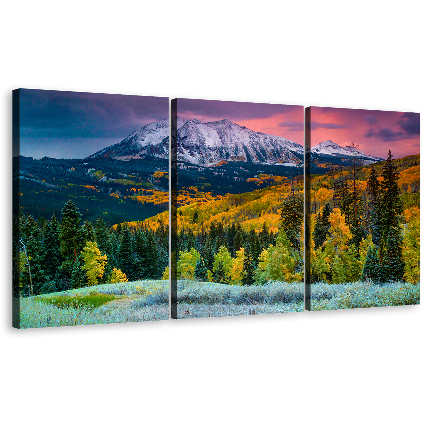 Fall Mountain Canvas Wall Art, Green Autumn Landscape Scenery 3 Piece Canvas Print, White Fall Mountains Canvas Set, Colorado Landscape Triptych Multiple Canvas