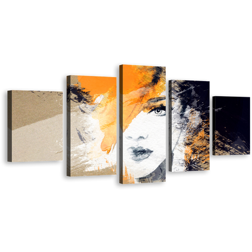 Fashion Illustration 5 Piece Canvas Print - Orange Woman Watercolor Abstract Wall Art - Woman's Face Close-Up Multi Canvas