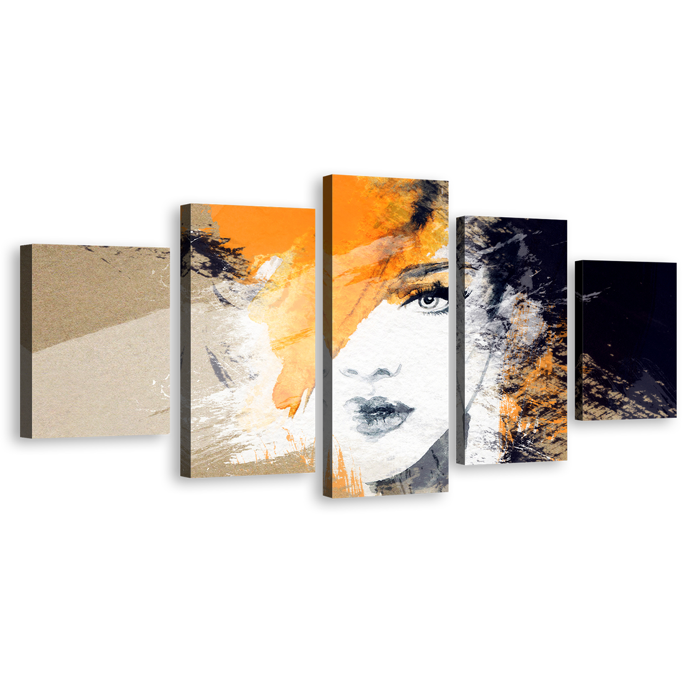 Fashion Illustration 5 Piece Canvas Print - Orange Woman Watercolor Abstract Wall Art - Woman's Face Close-Up Multi Canvas