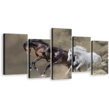 Load image into Gallery viewer, Fast Horses Canvas Wall Art, Brown Black White Horses Galloping 5 Piece Multi Canvas Artwork, Dramatic Horses Canvas Print
