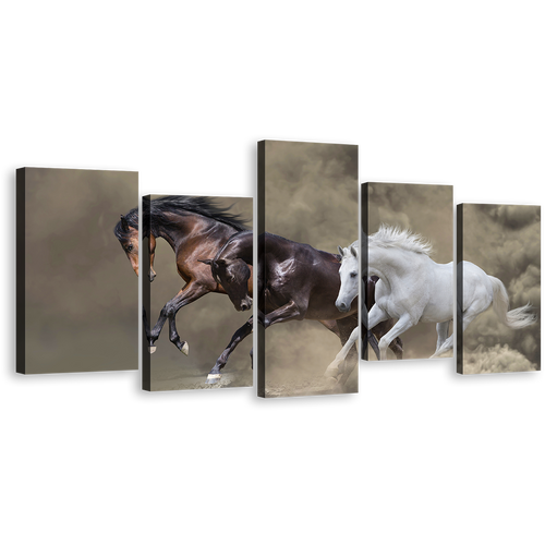 Fast Horses Canvas Wall Art, Brown Black White Horses Galloping 5 Piece Multi Canvas Artwork, Dramatic Horses Canvas Print