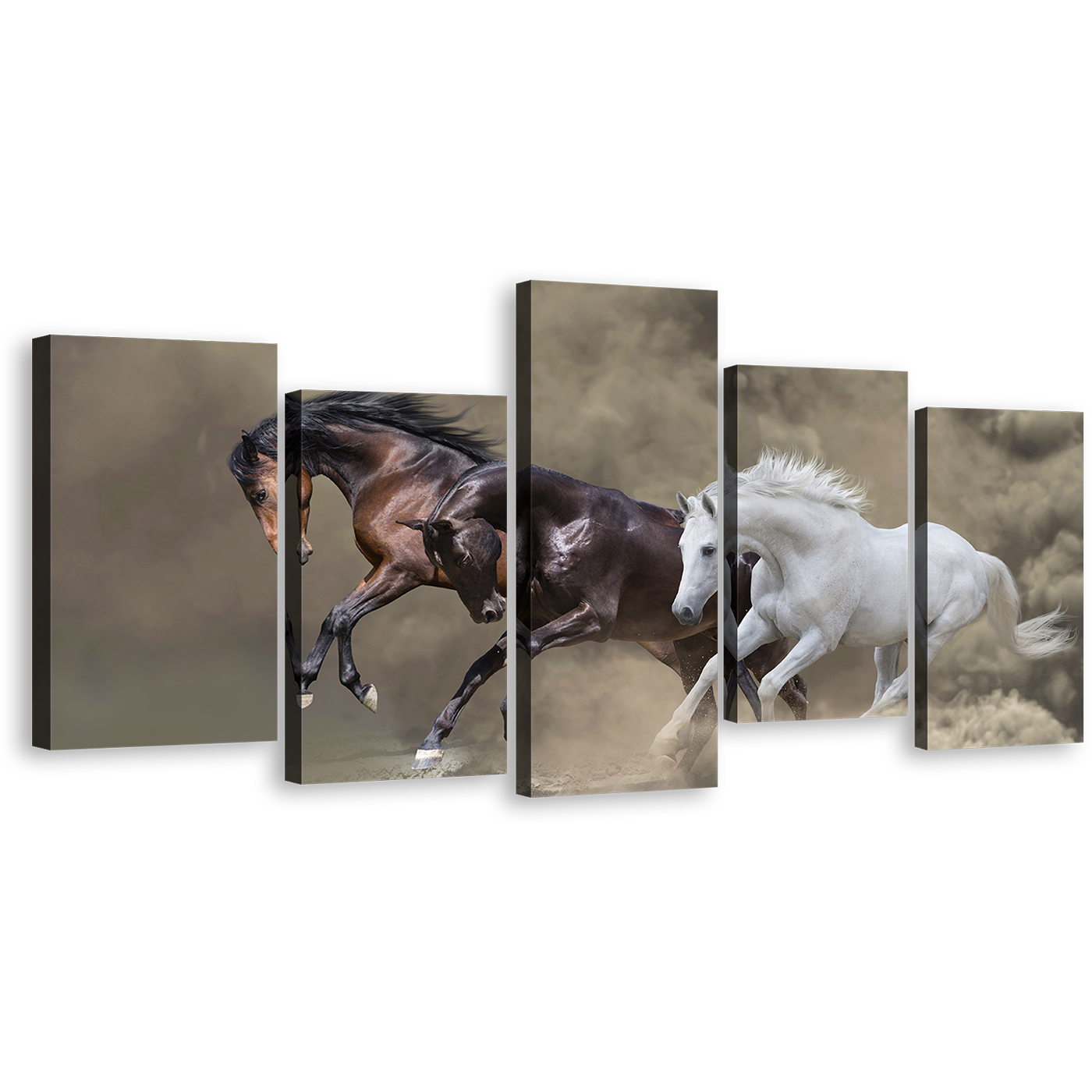 Fast Horses Canvas Wall Art, Brown Black White Horses Galloping 5 Piece Multi Canvas Artwork, Dramatic Horses Canvas Print