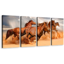 Load image into Gallery viewer, Fast Horses Canvas Wall Art, Brown Horses Herd 4 Piece Canvas Print, Running Horses Grey Sky Sand Multi Canvas Artwork
