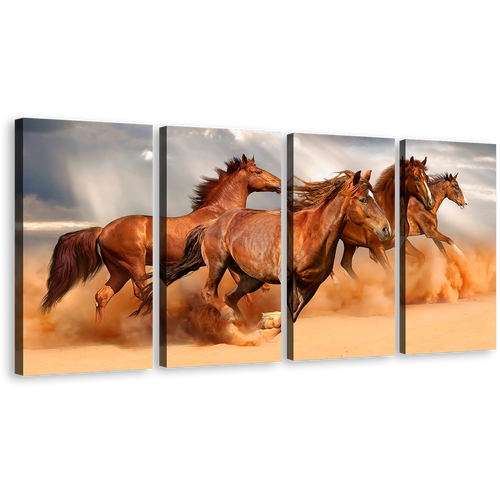 Fast Horses Canvas Wall Art, Brown Horses Herd 4 Piece Canvas Print, Running Horses Grey Sky Sand Multi Canvas Artwork