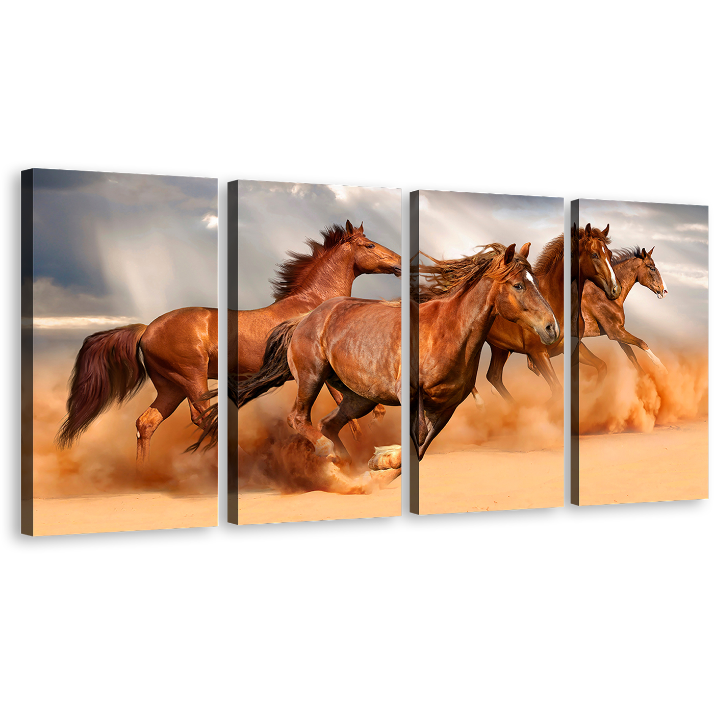 Fast Horses Canvas Wall Art, Brown Horses Herd 4 Piece Canvas Print, Running Horses Grey Sky Sand Multi Canvas Artwork