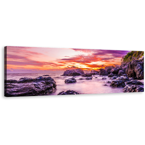 Fiji Ocean Canvas Print, Purple Tokoriki Island Ocean Rocks Canvas Art, Matamanoa Beach Orange Sky 1 Piece Wall Art