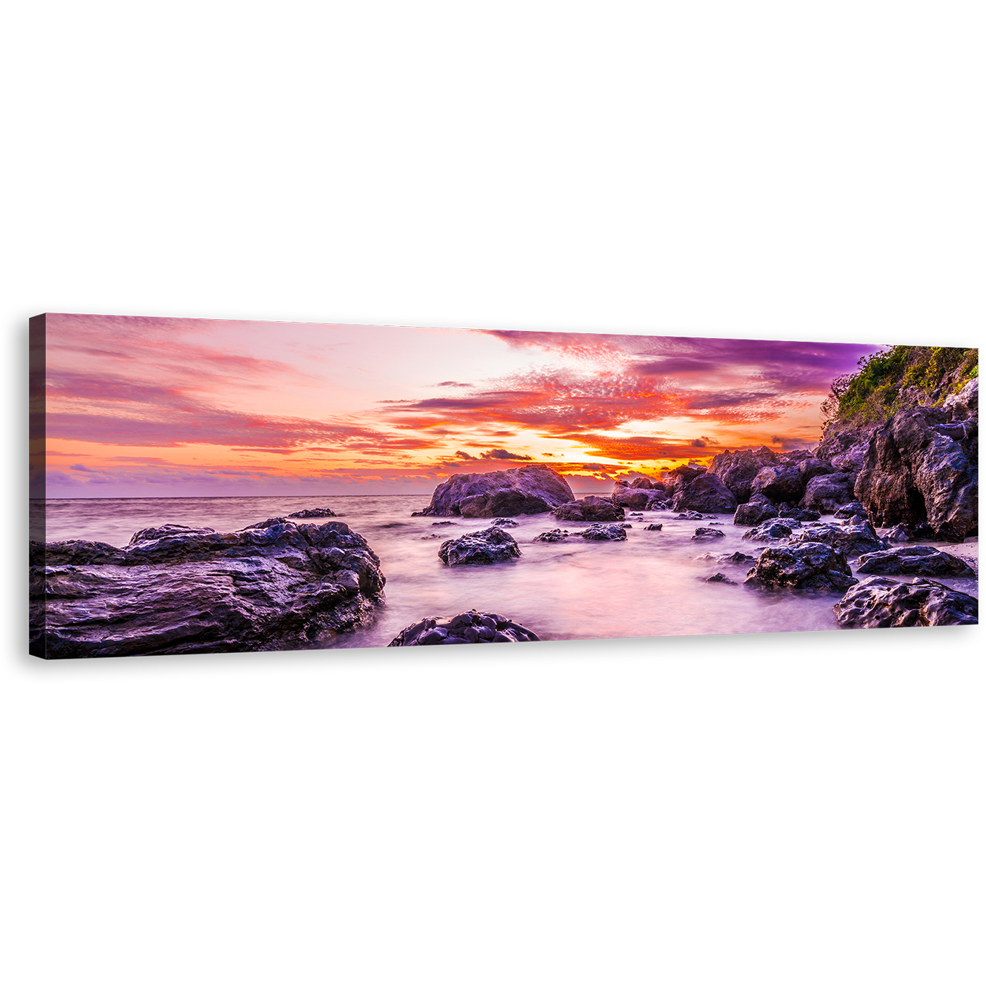 Fiji Ocean Canvas Print, Purple Tokoriki Island Ocean Rocks Canvas Art, Matamanoa Beach Orange Sky 1 Piece Wall Art