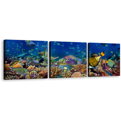 Fish Aquarium Canvas Print, Blue Underwater Coral Reef 3 Piece Canvas, Colorful Fish Canvas Print