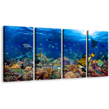 Load image into Gallery viewer, Fish Underwater Canvas Wall Art, Colorful Fish 4 Piece Canvas Print, Blue Aquarium Multiple Canvas
