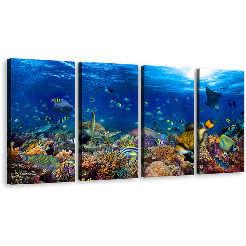 Fish Underwater Canvas Wall Art, Colorful Fish 4 Piece Canvas Print, Blue Aquarium Multiple Canvas