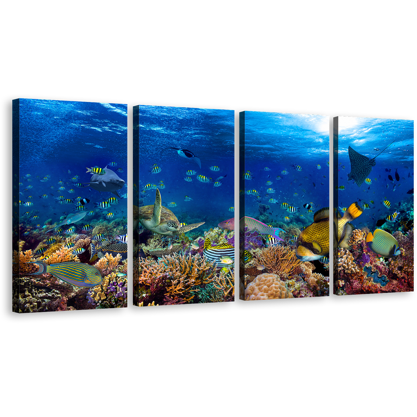 Fish Underwater Canvas Wall Art, Colorful Fish 4 Piece Canvas Print, Blue Aquarium Multiple Canvas