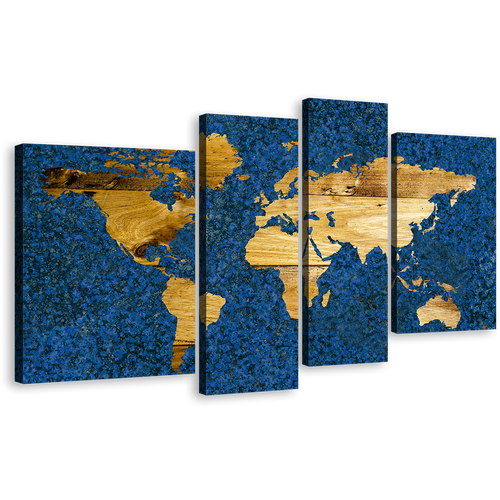 Flat Earth Canvas Print, Yellow World Map Digital Painting 4 Piece Canvas Wall Art, Blue Vintage Flat World Multi Canvas Artwork