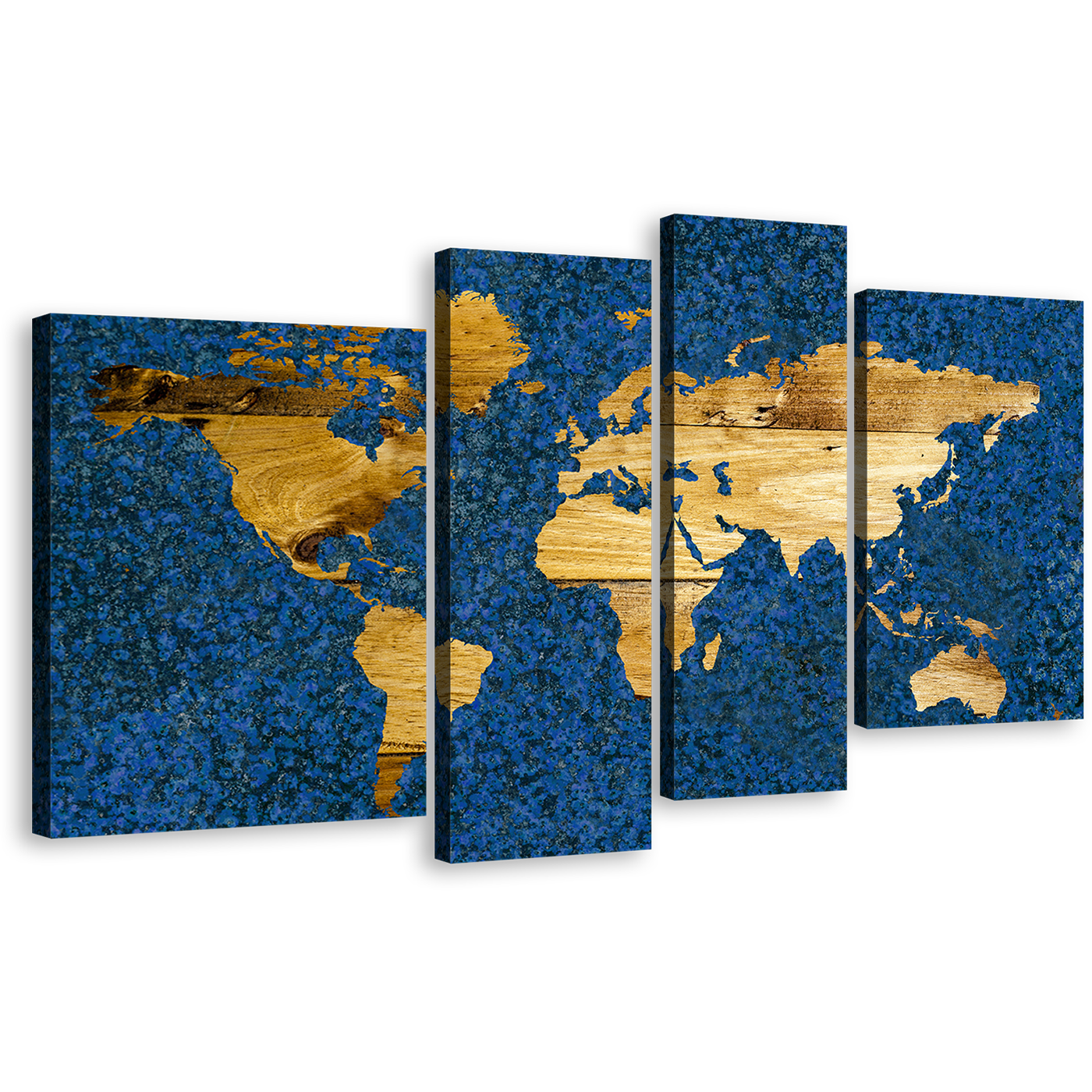 Flat Earth Canvas Print, Yellow World Map Digital Painting 4 Piece Canvas Wall Art, Blue Vintage Flat World Multi Canvas Artwork