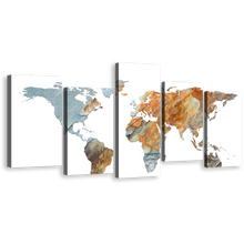 Load image into Gallery viewer, Flat Earth Canvas Wall Art, Abstract World Map 5 Piece Multi Canvas, Grey Orange Abstract Globe Canvas Print
