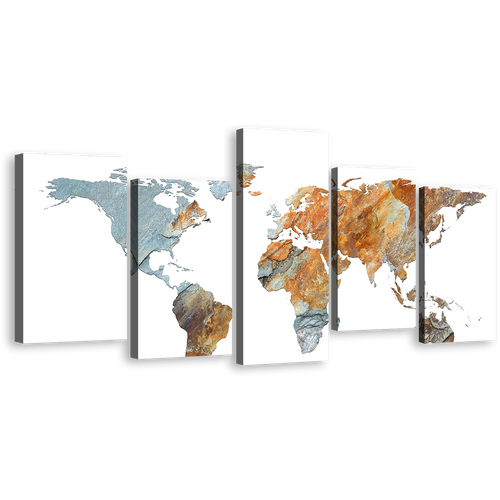 Flat Earth Canvas Wall Art, Abstract World Map 5 Piece Multi Canvas, Grey Orange Abstract Globe Canvas Print