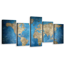 Load image into Gallery viewer, Flat Earth Canvas Wall Art, Blue Abstract World Map Multiple Canvas, Brown World Map 5 Piece Canvas Print
