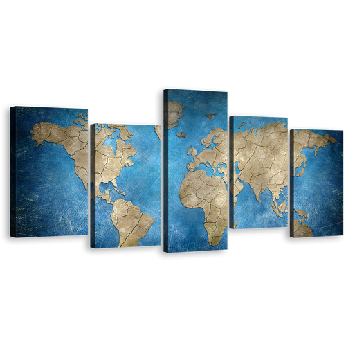 Flat Earth Canvas Wall Art, Blue Abstract World Map Multiple Canvas, Brown World Map 5 Piece Canvas Print