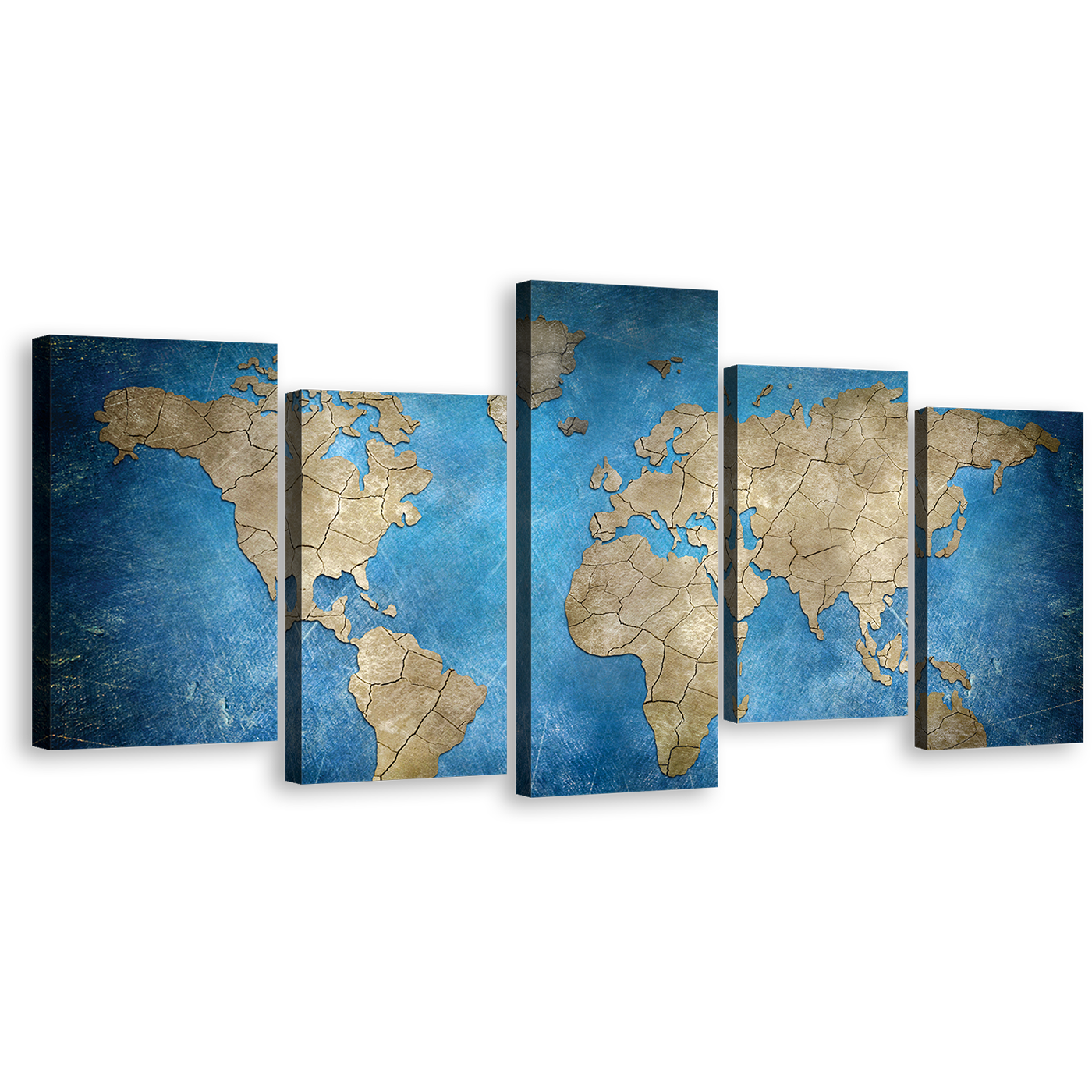 Flat Earth Canvas Wall Art, Blue Abstract World Map Multiple Canvas, Brown World Map 5 Piece Canvas Print