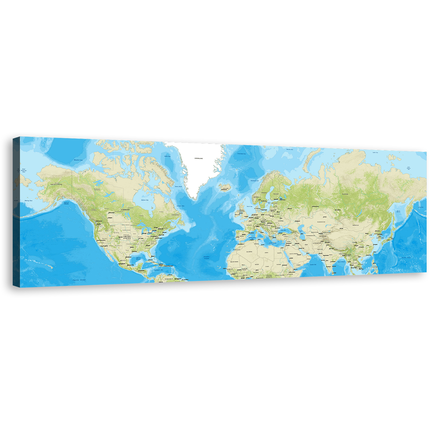 Flat Earth Canvas Wall Art, Green Blue World Map Digital Painting Canvas Artwork, Earth Map 1 Piece Canvas Print