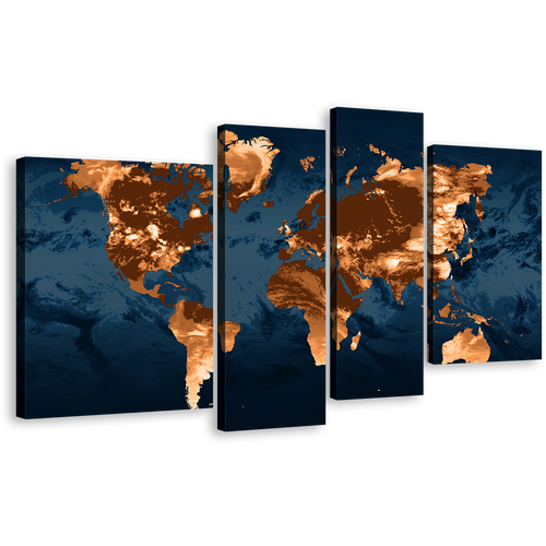 Flat Earth Canvas Wall Art, Orange Abstract World Map Multi Canvas Artwork, Blue World 4 Piece Canvas Print