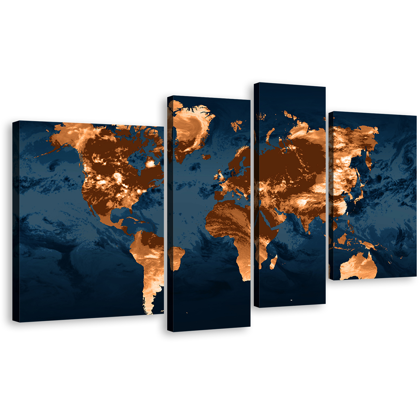 Flat Earth Canvas Wall Art, Orange Abstract World Map Multi Canvas Artwork, Blue World 4 Piece Canvas Print