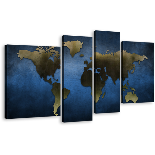 Flat Surface Canvas Wall Art, Grey World Map Blue Background 4 Piece Canvas Print