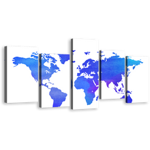 Load image into Gallery viewer, Flat World Canvas Print, Abstract World Map Digital Paintings 5 Piece Canvas Wall Art, Blue Purple Detailed World Map Multi Canvas
