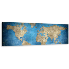 Load image into Gallery viewer, Flat World Canvas Print, Brown World Map 1 Piece Canvas Wall Art, Blue Flat Earth Wide Canvas
