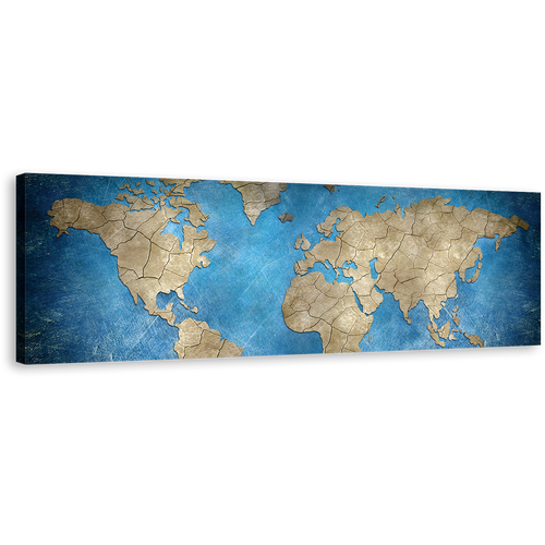 Flat World Canvas Print, Brown World Map 1 Piece Canvas Wall Art, Blue Flat Earth Wide Canvas