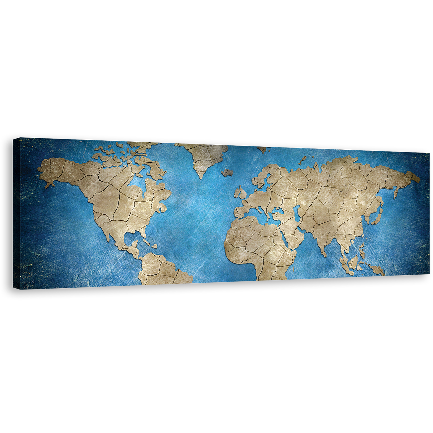 Flat World Canvas Print, Brown World Map 1 Piece Canvas Wall Art, Blue Flat Earth Wide Canvas