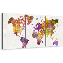 Load image into Gallery viewer, Flat World Canvas Print, Colorful World Map 3 Piece Canvas Wall Art, Flat Earth Triptych Multiple Canvas
