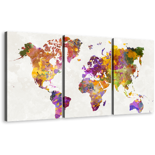 Flat World Canvas Print, Colorful World Map 3 Piece Canvas Wall Art, Flat Earth Triptych Multiple Canvas