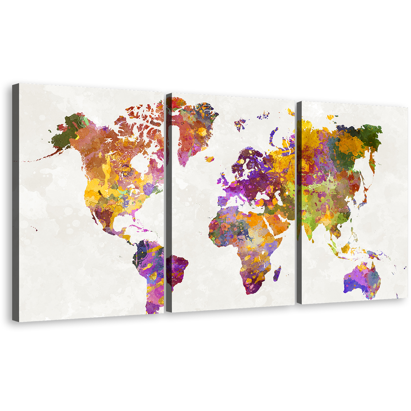 Flat World Canvas Print, Colorful World Map 3 Piece Canvas Wall Art, Flat Earth Triptych Multiple Canvas