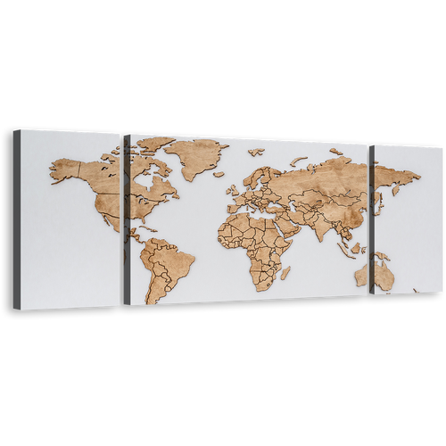 Flat World Canvas Wall Art, Abstract World Map Digital Paintings 3 Piece Canvas, Brown Detailed World Map Multiple Canvas, White Globe Map Canvas Print