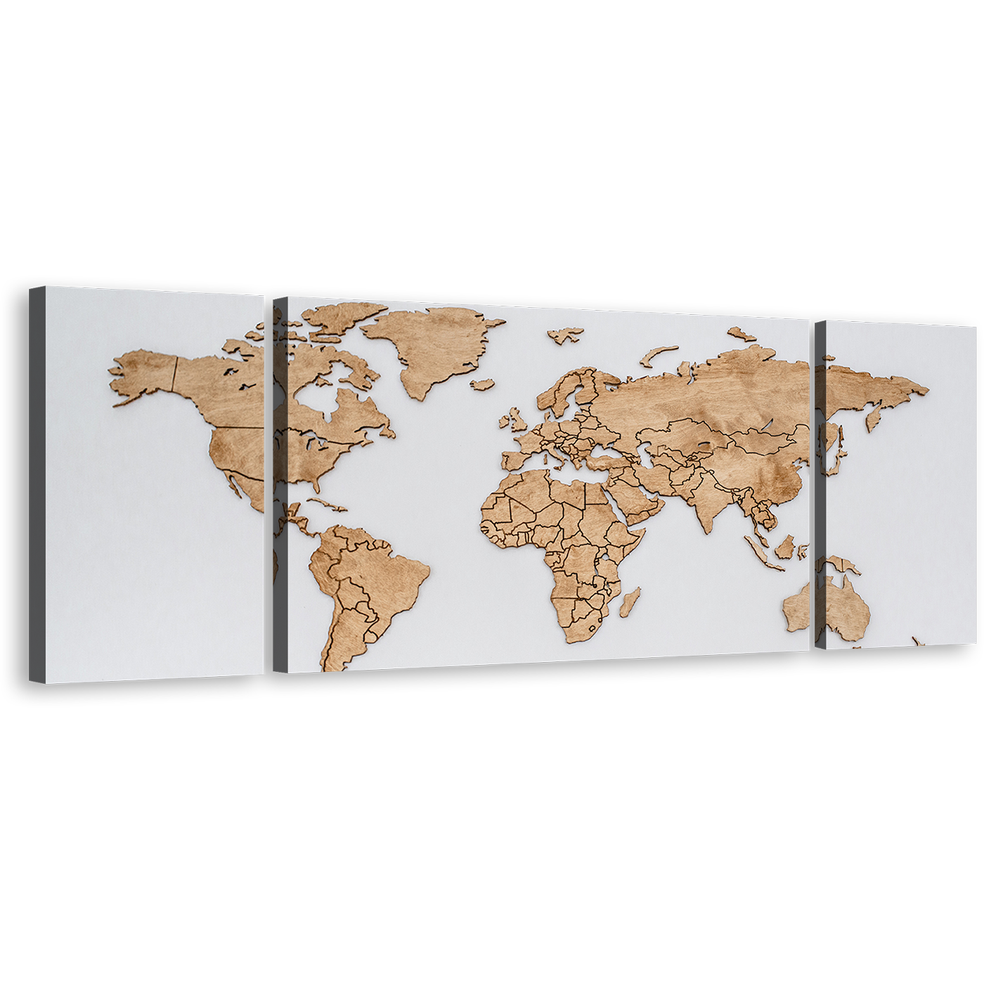 Flat World Canvas Wall Art, Abstract World Map Digital Paintings 3 Piece Canvas, Brown Detailed World Map Multiple Canvas, White Globe Map Canvas Print