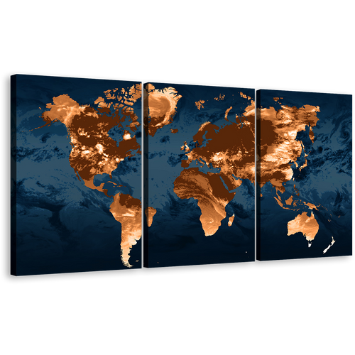 Flat World Canvas Wall Art, Blue Flat Earth 3 Piece Canvas Set, Orange World Map Triptych Canvas Print