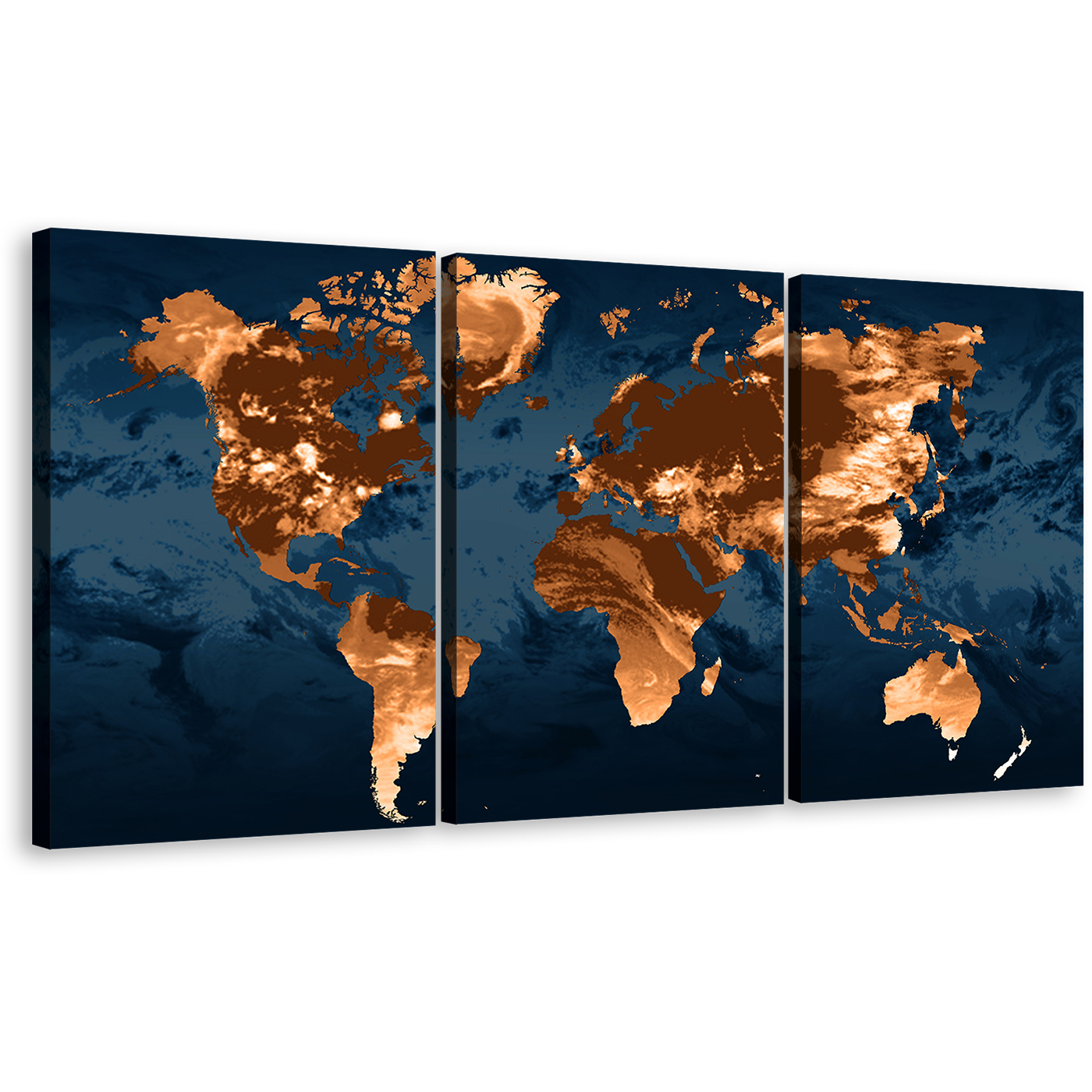 Flat World Canvas Wall Art, Blue Flat Earth 3 Piece Canvas Set, Orange World Map Triptych Canvas Print