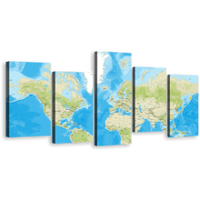 Load image into Gallery viewer, Flat World Canvas Wall Art, Blue Flat Earth 5 Piece Canvas Set, Detailed Green Earth Map Canvas Print
