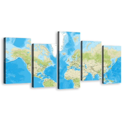 Flat World Canvas Wall Art, Blue Flat Earth 5 Piece Canvas Set, Detailed Green Earth Map Canvas Print